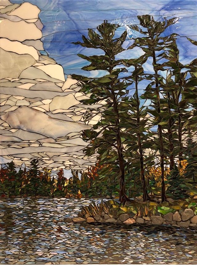 a painting of some trees and rocks in the water