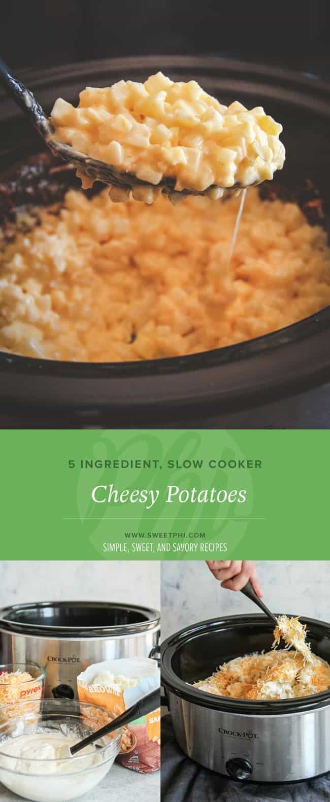 an image of the recipe for cheesy potatoes being spooned into a slow cooker