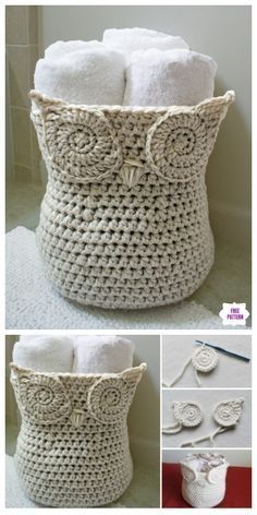 crocheted basket with white towels in it and instructions on how to make them