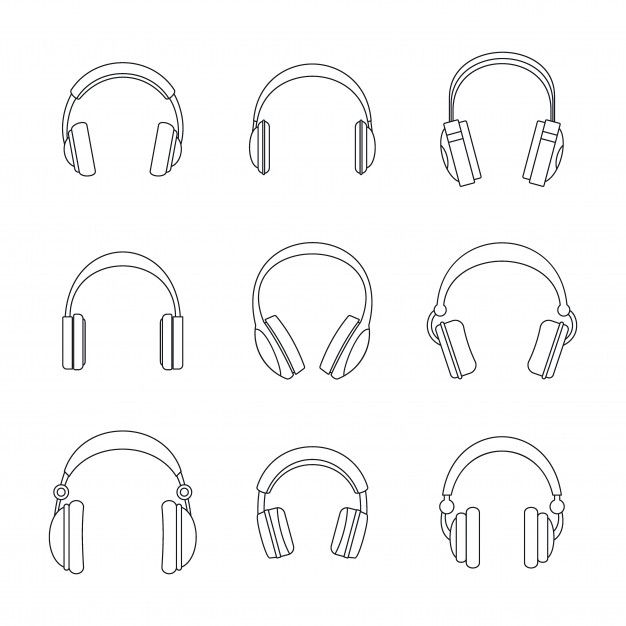 set of headphones with different types and shapes on white background, line art style