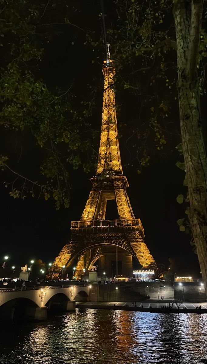 the eiffel tower lit up at night with lights reflecting in the water below