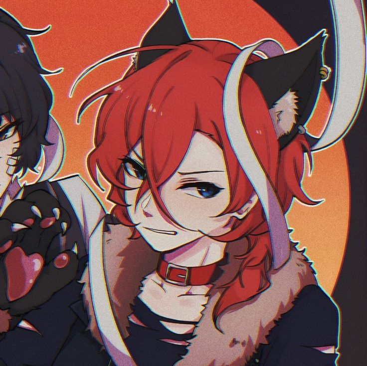 two anime characters with red hair and black cats on their heads, one is holding a cat's tail