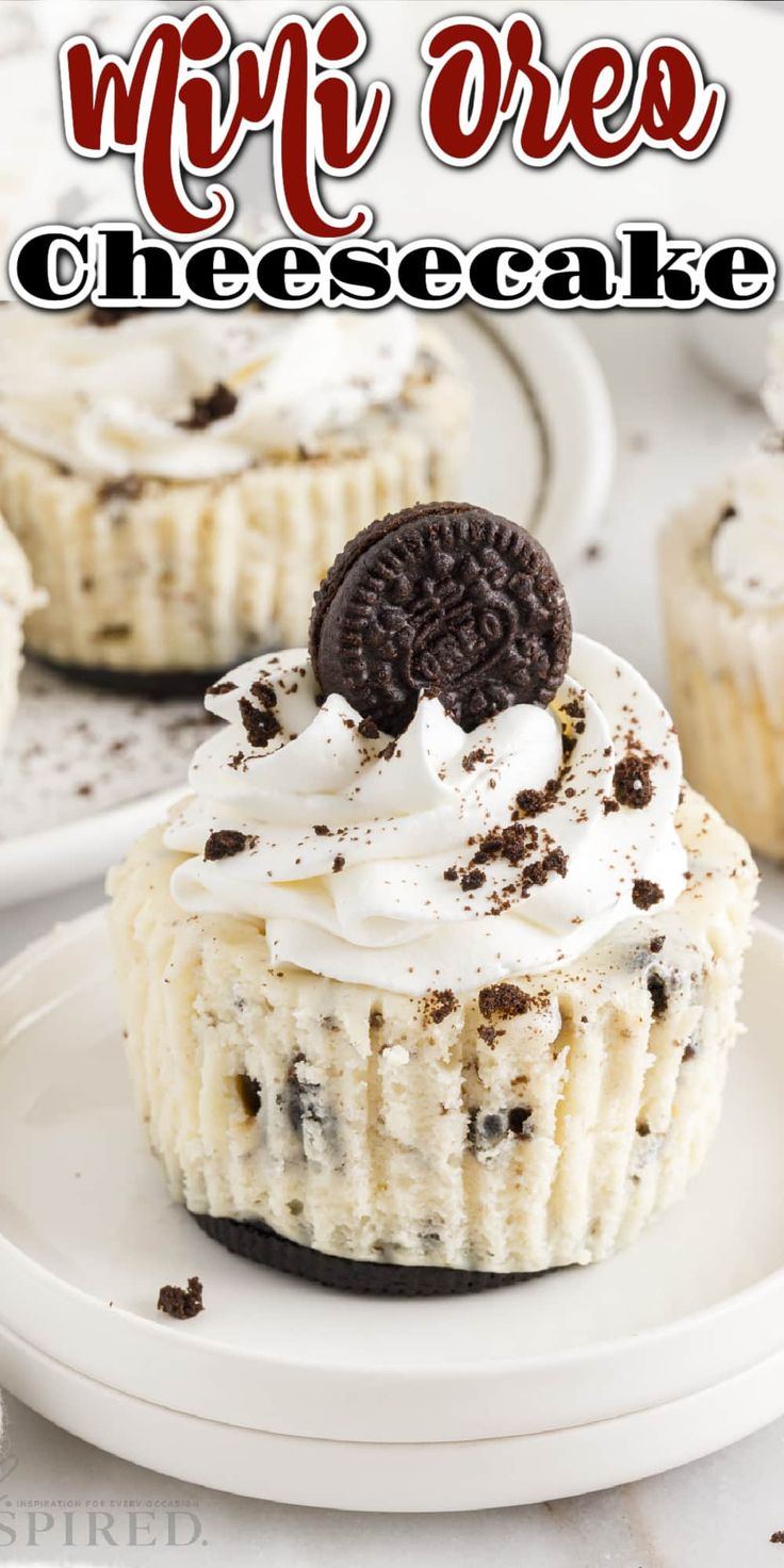 an oreo cheesecake on a white plate with the title overlay that reads, who's oreo cheesecake?