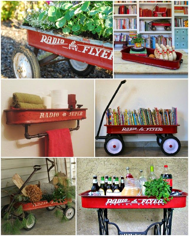 red wagons filled with books and other items are shown in this collage, including an old radio flyer