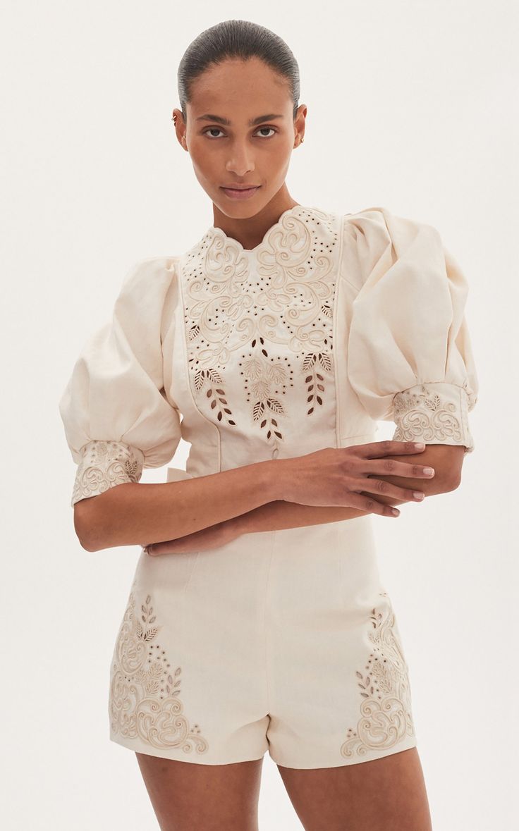 Violeta Tie-Back Linen Blouse By Alémais | Moda Operandi Minimal Traditional, Tie Back Top, Resort 2023, Traditional Embroidery, Shades Of Beige, Google Lens, Fashion Attire, Linen Blouse, Spring Wardrobe