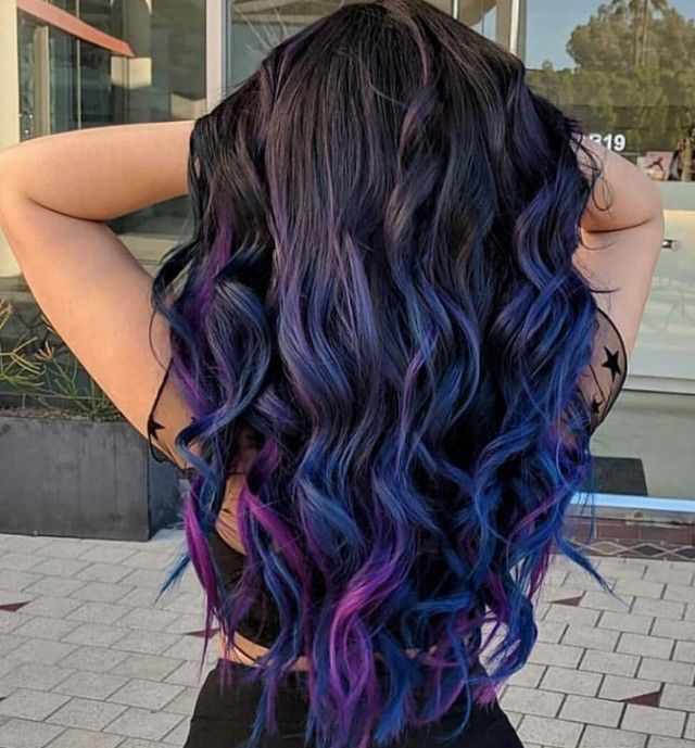 Blue Purple Balayage, Purple Balayage, Purple Ombre Hair, Blue Ombre Hair, Galaxy Hair, Dark Hair With Highlights, Dyed Hair Inspiration, Colored Curly Hair, Beautiful Hair Color