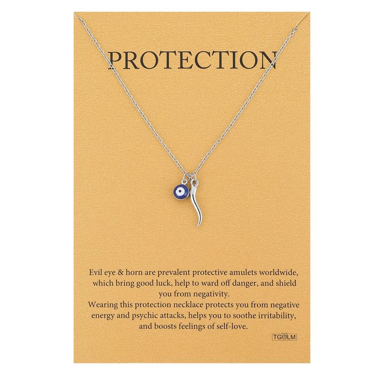 PRICES MAY VARY. DESIGN: Evil eye & horn are prevalent protective amulets worldwide, which bring good luck, help to ward off danger, and shield you from negativity. Add to your collection or give the gift of luck and protection MATERIAL: royal blue enamel evil eye bead, highly polish finished Italian horn, white gold plated alloy charm and copper chain, non-tarnish worry, good for daily wearing SIZE: 6mm evil eye bead, dainty rolo chain measures 18” with 3” adjustable chain PACKAGE: delicate pro Best Wishes Card, Horn Pendant Necklace, Italian Horn, Protection Jewelry, Spiritual Protection, Horn Pendant, Protection Necklace, Blue Evil Eye, Evil Eye Charm