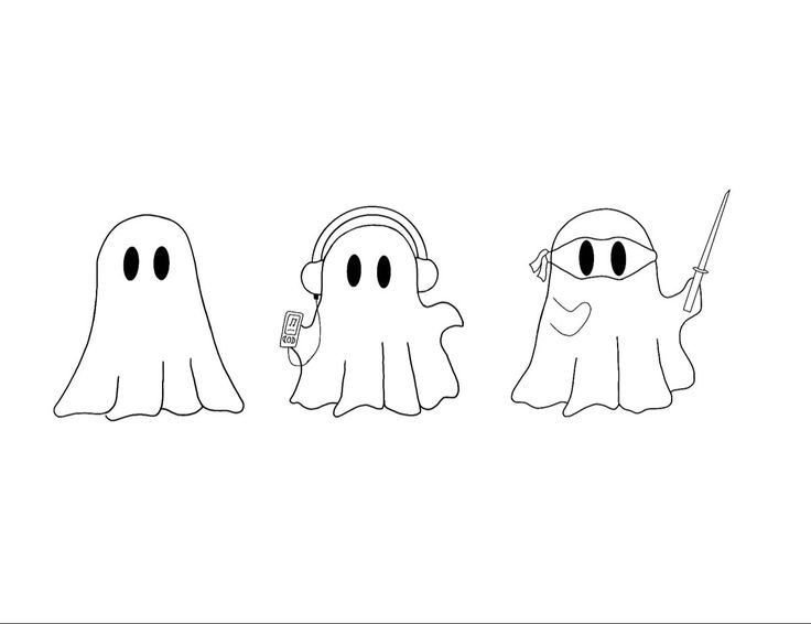 three cartoon ghost characters with one holding a microphone and the other listening to headphones