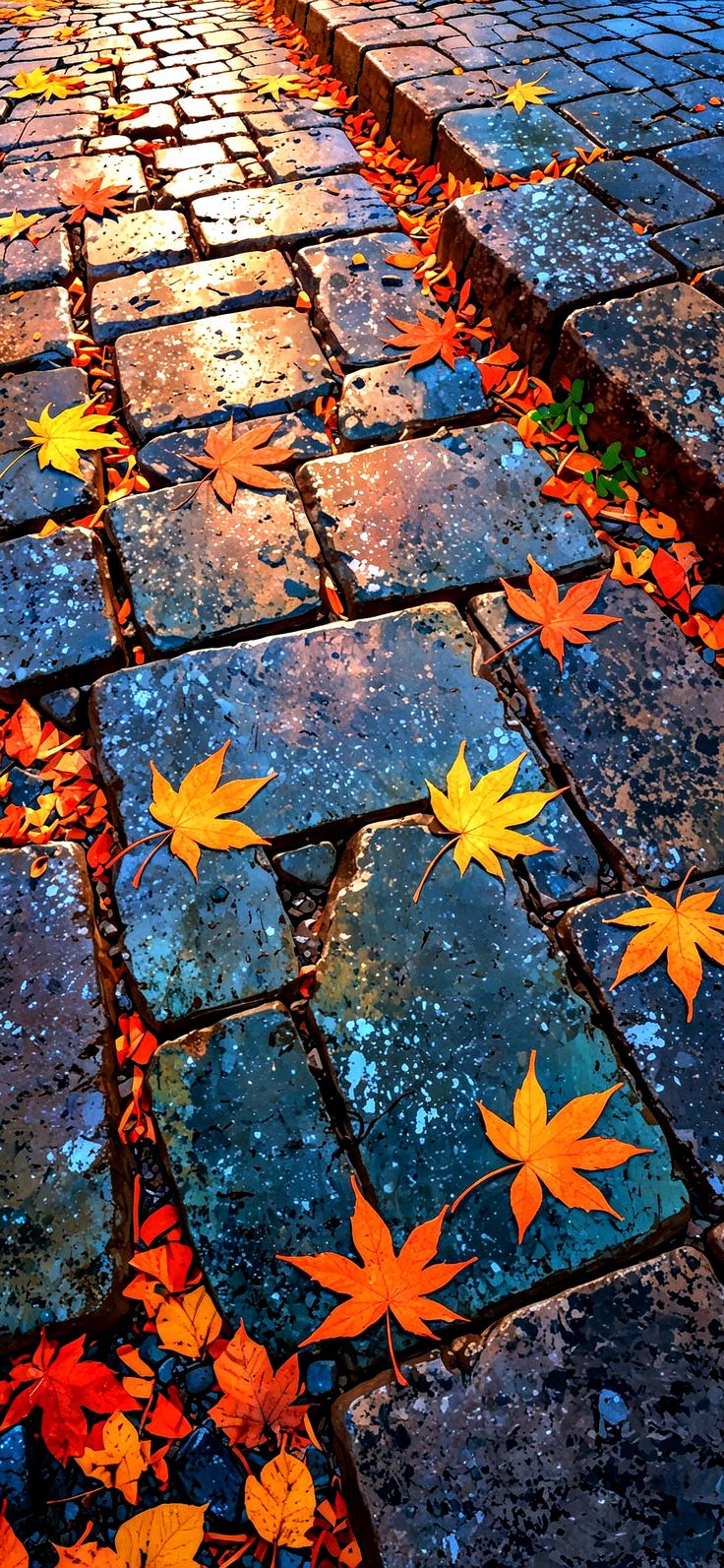 the leaves are falling on the cobblestone walkway