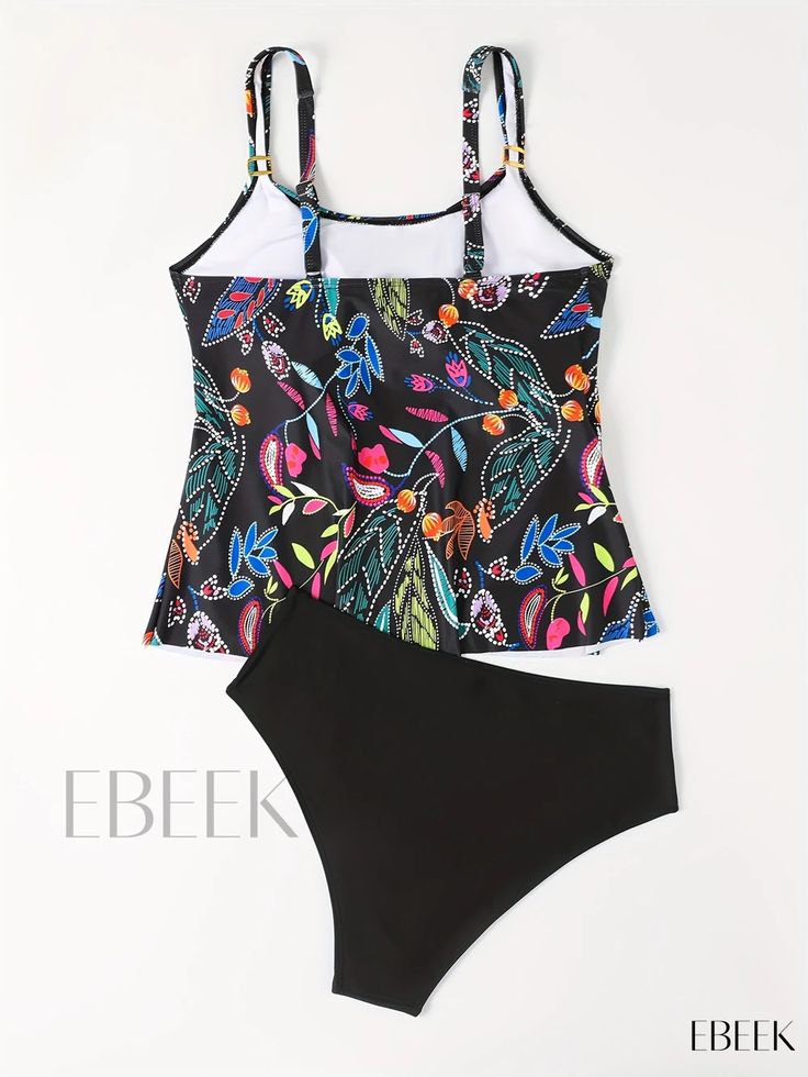 Ebeek - Womens Tummy Control Tankini: Floral Print 2 Piece Set, Black Stretchy Swimsuit for Beach Pool Bathing - Swimwear & Clothing Black Printed Sleeveless Tankini, Black Floral Print Tankini For Pool, Black Printed Tankini For The Beach, Black Floral Print Tankini For Beach Season, Fitted Black Floral Print Tankini, Printed Black Tankini For Swimming, Floral Print Black Tankini For The Beach, Black Stretch Tankini With Print, Black Stretch Printed Tankini