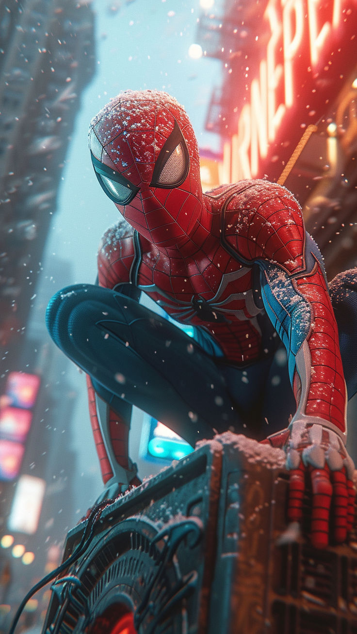 the spider - man is sitting on top of a building in front of a neon sign