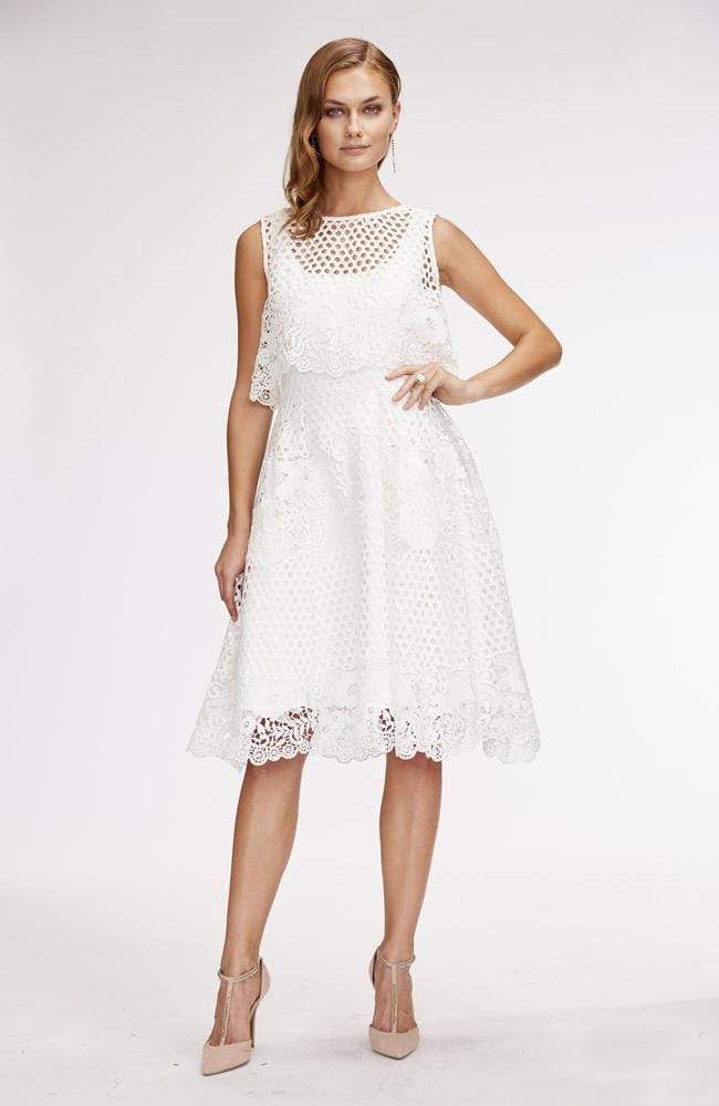 Eva Franco Dress Baba Dress - White Whisper A-line Lace Midi Dress For Garden Party, Scalloped Lace A-line Dress For Wedding Guest, Summer Evening Dress With Cutwork Hem, White A-line Lace Dress For Wedding Guest, Elegant Sleeveless Crochet Dress With Scalloped Lace, A-line Scallop Lace Dress For Wedding Guest, Spring Midi Dress With Cutwork Hem, Scalloped Lace Fit And Flare Wedding Dress, A-line Lace Dress With Scalloped Lace For Wedding Guest