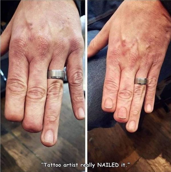 two pictures of the same person's hand with their wedding ring on it and one showing