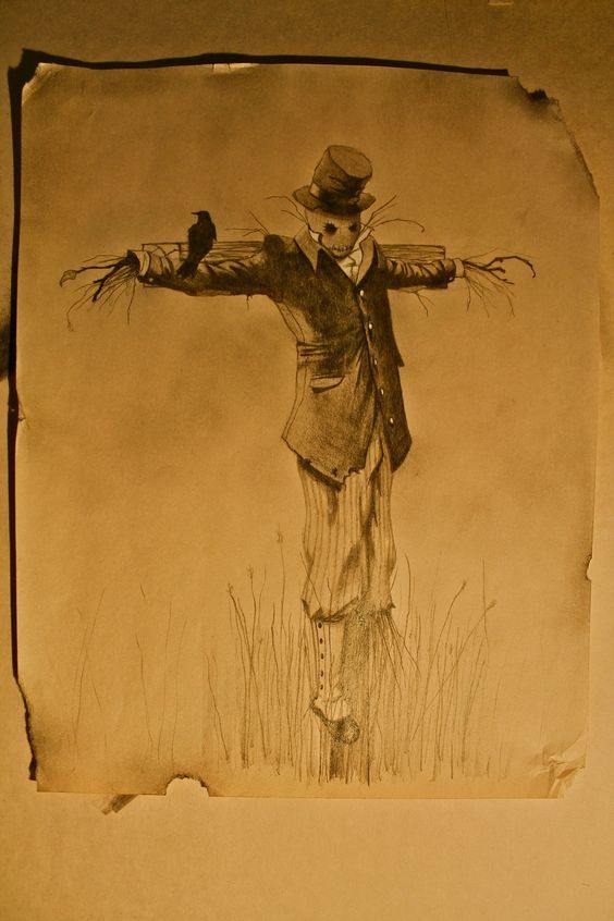 an old drawing of a scarecrow in a hat and suit with his arms outstretched