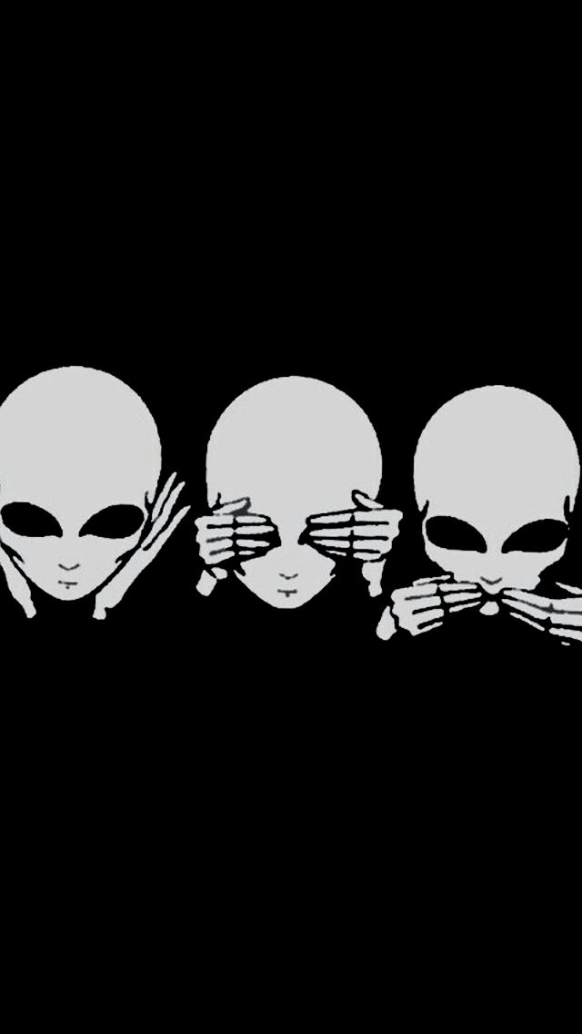 three alien heads with crossed hands in front of them, one is black and the other is white