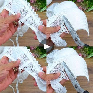 four pictures showing how to cut the lace off of a piece of white fabric with scissors