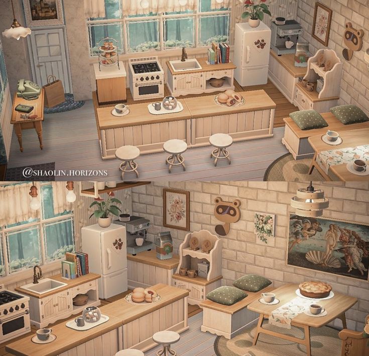 two views of a kitchen and dining room in an animated style, with the same furniture