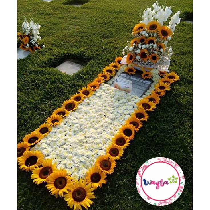 sunflowers and daisies are arranged in the shape of a long flower bed