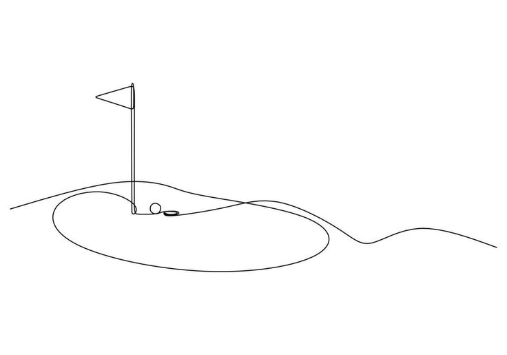 a single line drawing of a golf course with a flag on the tee and water behind it