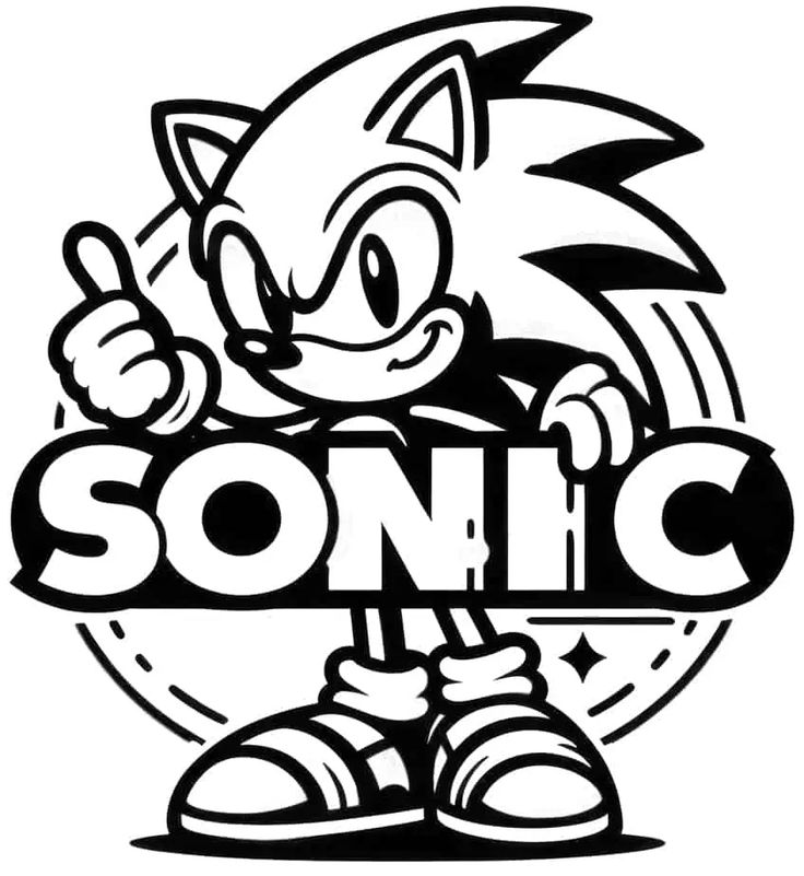 the sonic logo is shown in this black and white version, with an image of tails holding