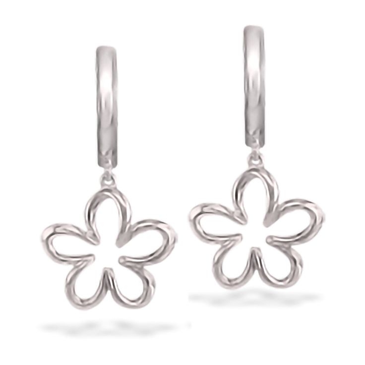 Sterling Silver Floating Plumeria Drop Hoop Earrings. The earrings measure approximately 1  1/16" in length. Drop Hoop Earrings, Island Life Style, Detailed Jewelry, Fine Jewels, Chain Lengths, Sterling Silver Earrings, Floating, Silver Necklace, Hoop Earrings