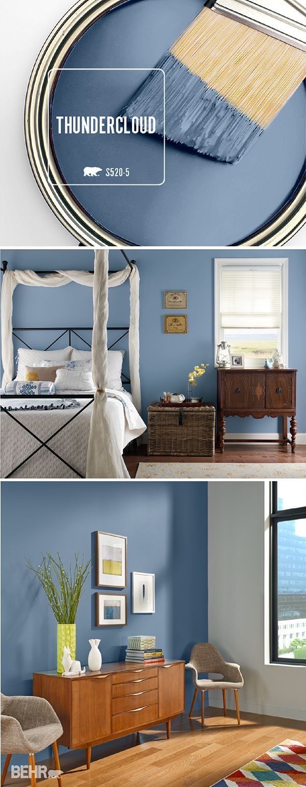 three different pictures of the same room with blue walls and wood flooring, including a bed