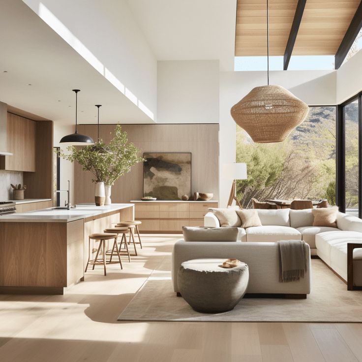 a living room filled with furniture next to a kitchen and an open concept dining area