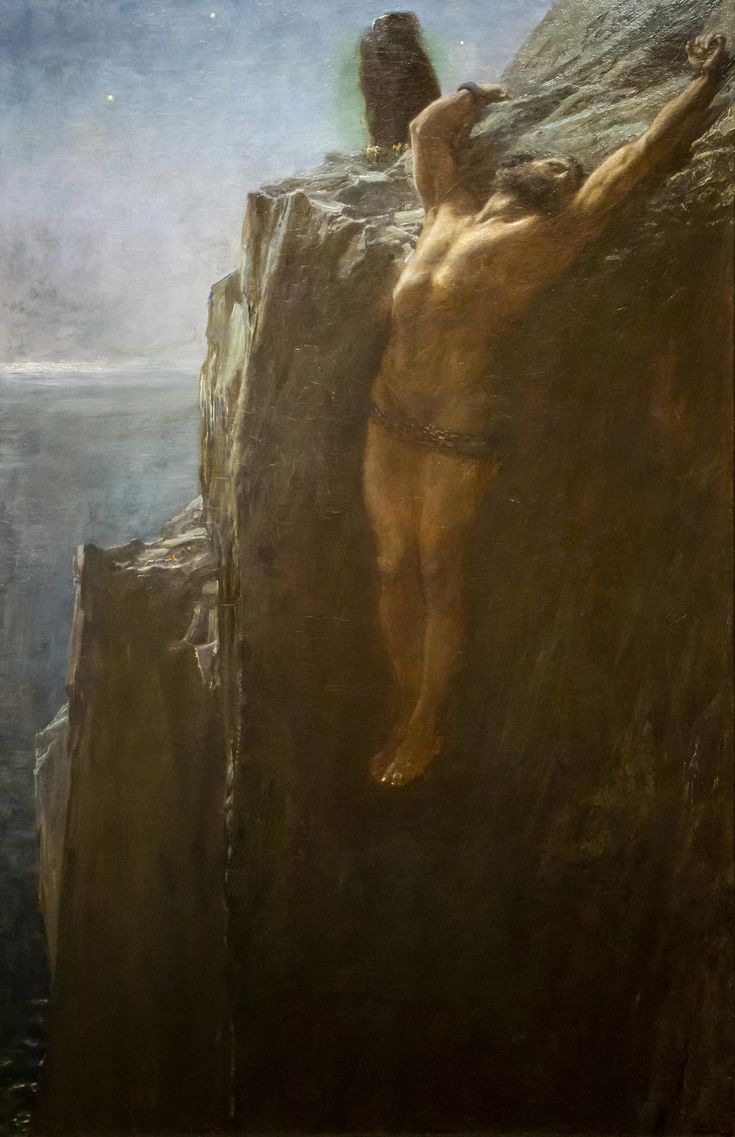 a painting of a naked man standing on top of a cliff