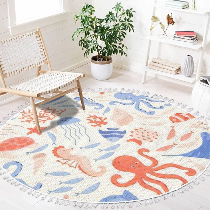 an ocean themed rug in the living room