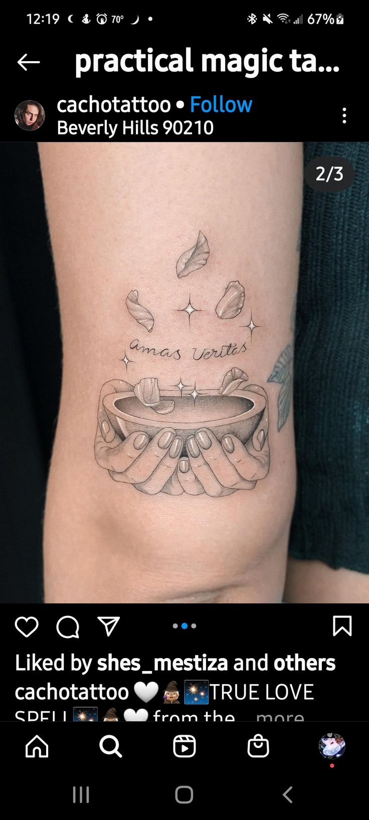 a woman's thigh with tattoos on it and the words, practical magic ta