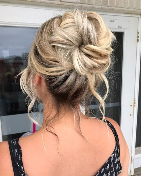 Messy Upstyles For Medium Hair, Mother Of Bride Updos For Long Hair, Messy Bun Upstyle, High Updo Wedding Front View, Easy Long Hair Updo For Wedding, Textured French Roll Hair, Upstyles For Long Hair Wedding Guest, Bridesmaid High Updo Hairstyles, Upstyles For Wedding