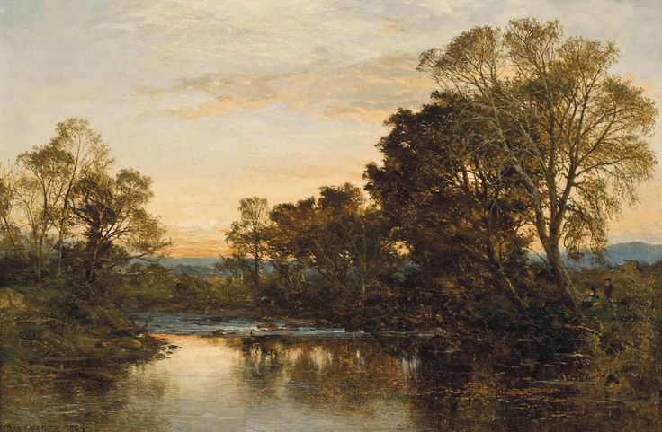 a painting of a river with trees in the background