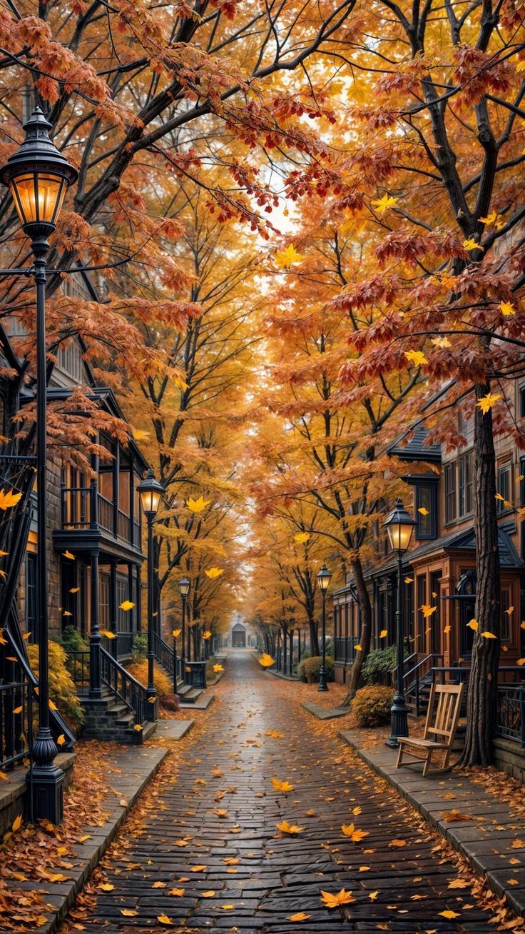 an empty street with autumn leaves on the ground