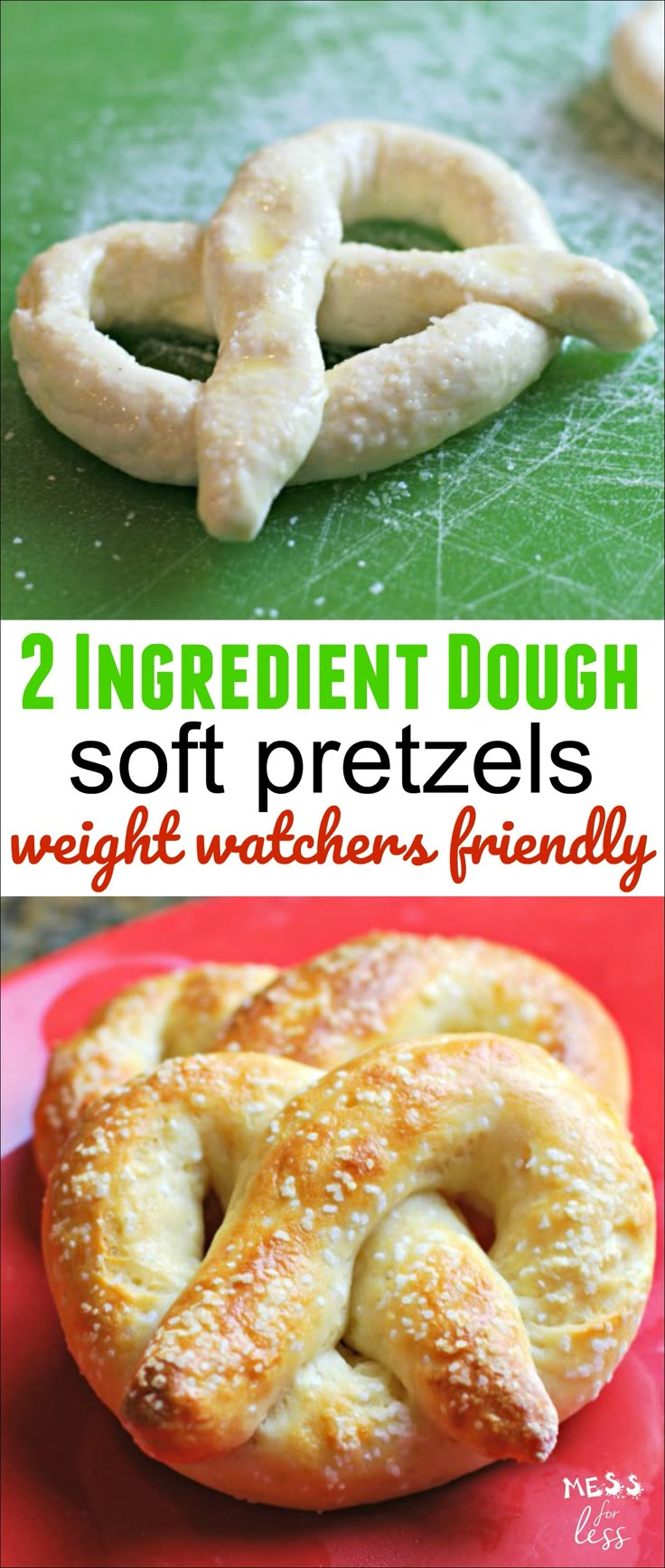 two ingredient dough soft pretzels on a red plate with the words, 2 ingredient dough soft pretzels weight watchers friendly