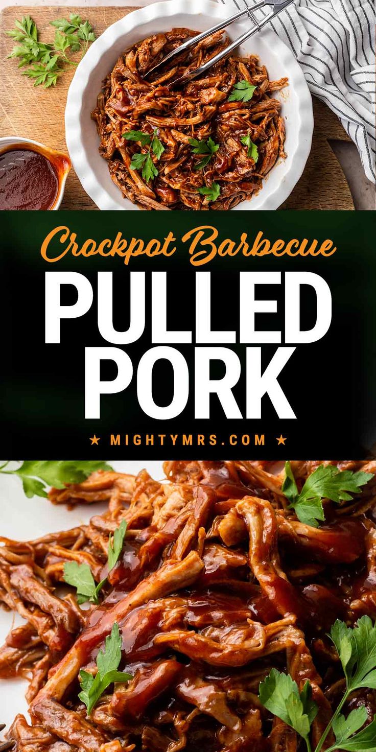 pulled pork on a plate with sauce and parsley garnish in the background