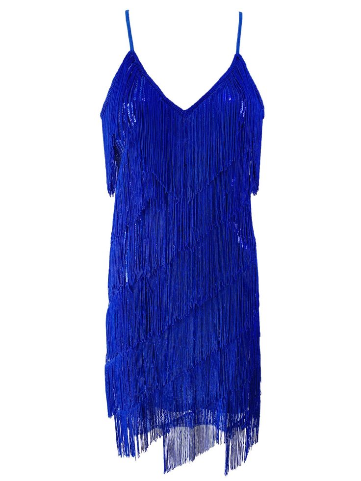 Introducing our timeless and chic Layered Fringe Trim Sequin Cami Bodycon Dress. Constructed from a mini length featuring an elegant layer of lush fringe trim, this gorgeous dress is bedecked with luxurious sequins to exude a look of classic chic and high-end sophistication. Perfect for a night out or making a statement at a special event. Fit Type: Slim Fit Fabric: High Stretch Material: Polyester Size Information: Cocktail V-neck Mini Dress With Fringe, Elegant V-neck Mini Dress With Tassels, Elegant V-neck Dress With Tassels, Mini Flapper Dress With Fringe For Party Season, Summer Mini Flapper Dress With Fringe, Evening V-neck Mini Dress With Fringe, Fitted Blue Dress With Beaded Fringe, Elegant Summer Flapper Dress With Beaded Fringe, Chic Summer Flapper Dress With Fringe