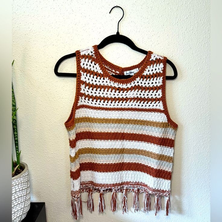 Sam Edelman Striped Crotchet Tank With Tassels. Keyhole Back. This Brown And Cream Knit Goes With Any Outfit As A Neutral Colored Statement Piece! Perfect For Summer. Never Worn But Missing Tags. Casual Brown Crochet Top With Open Knit, Casual Brown Open Knit Crochet Top, Fall Crochet Top For A Day Out, Sleeveless Crochet Lace Top For Fall, Beige Cotton Crochet Top For Fall, Brown Crochet Lace Top For Spring, Fall Sleeveless Crochet Top With Crochet Trim, Sleeveless Crochet Top With Crochet Trim For Fall, Sleeveless Cotton Crochet Top For Fall