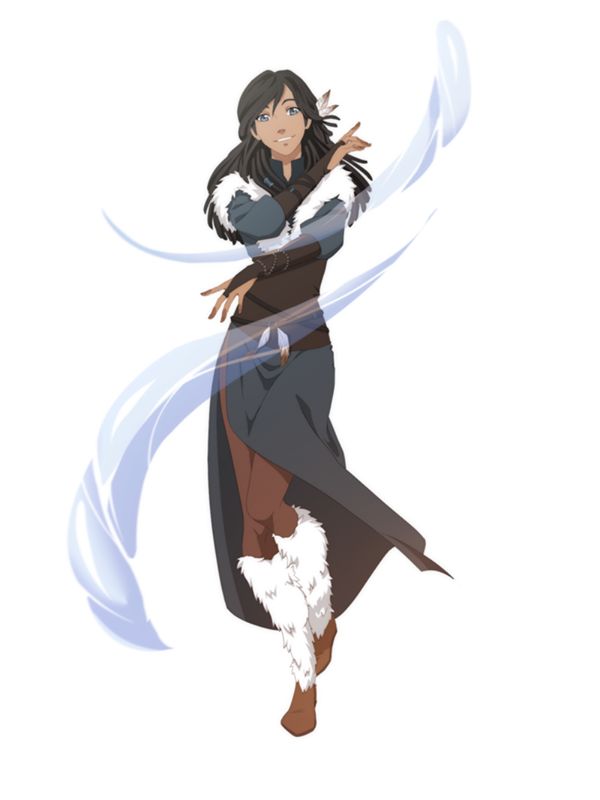 an anime character with long black hair and white fur on her arms, standing in the air