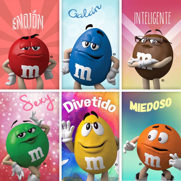 four different colored cartoon characters with captions in spanish