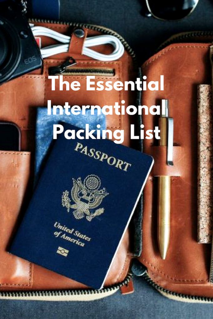 the essential international packing list is packed in a brown leather case with passport, camera and other items