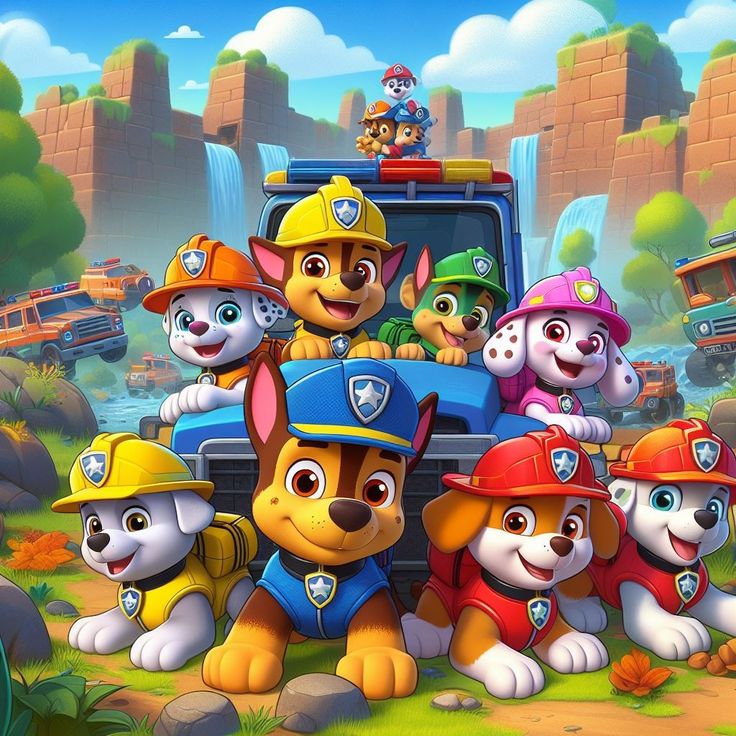 the paw patrol movie poster with puppies and fire trucks