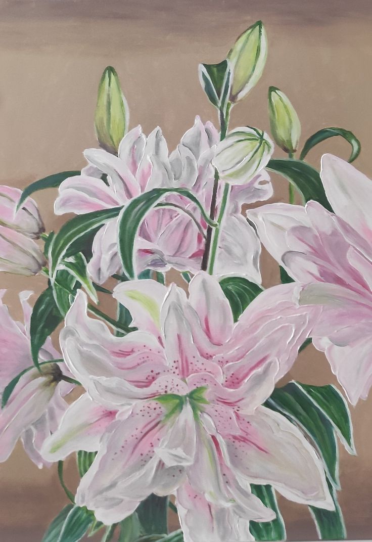 a painting of pink and white flowers in a vase