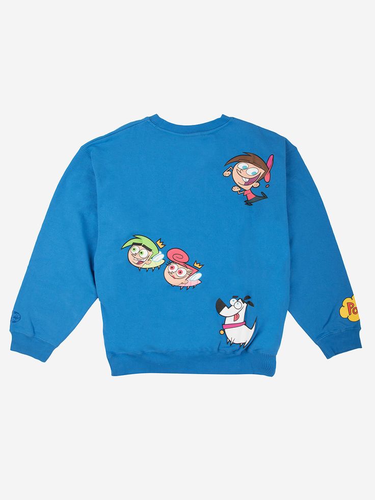 a blue sweatshirt with cartoon characters on it