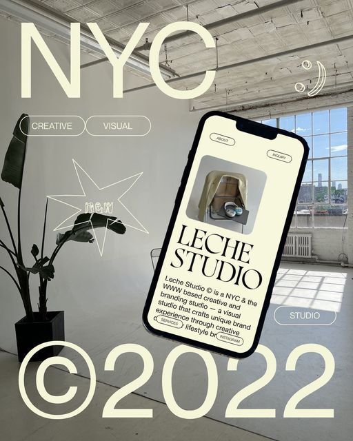 an advertisement for a new york fashion store with a phone in the foreground and a potted plant behind it