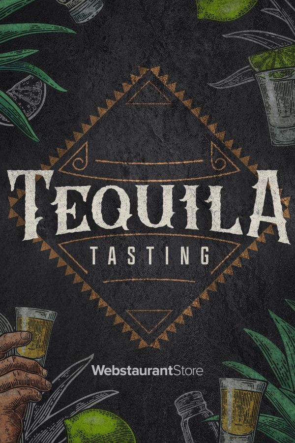 tequila tasting flyer with hand holding glasses and limes on the side, in front of black background