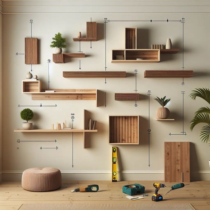 a room with wooden shelves and plants on the wall next to a planter, drill box, pliers and other tools