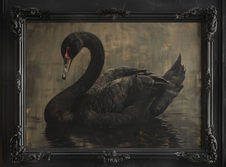 a painting of a black swan floating in water