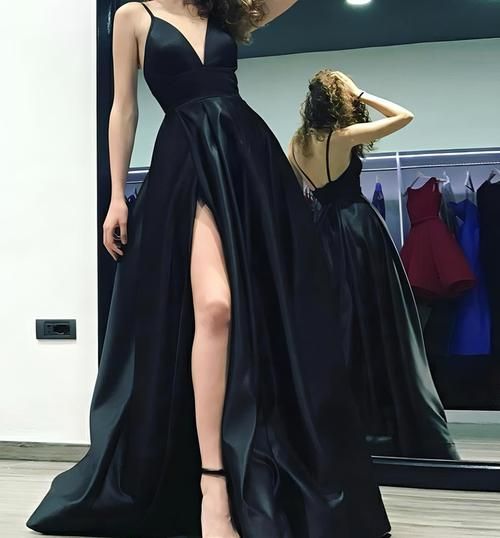 Black V-neck Long Evening Dress (Elegant) Chic Formal V-neck Gown, Chic V-neck Party Gown, Chic V-neck Prom Gown, Glamorous Black V-neck Dress, Sleek V-neck Evening Dress, Satin V-neck Maxi Dress For Evening, Chic V-neck Prom Evening Dress, Satin V-neck Maxi Dress, Elegant Long V-neck Party Dress