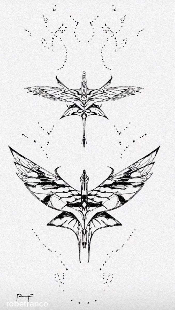 three different types of wings in black and white ink on paper, each with an intricate design