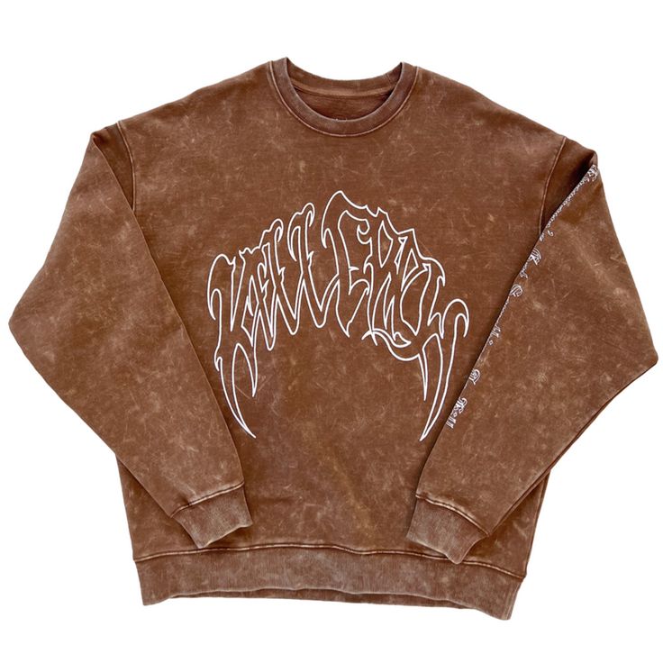 HEAVYWEIGHT LUX "CLASSIC" CREW NECK - BROWN - Kill Crew Luxury Crew Hoodie With Ribbed Cuffs, Luxury Brown Hoodie With Ribbed Cuffs, Distressed Oversized Crew Neck Sweatshirt, Oversized Distressed Crew Neck Sweatshirt, Brown Relaxed Fit Crew Neck Sweatshirt, Faded Crew Neck Sweatshirt For Streetwear, Oversized Brown Crew Sweatshirt, Oversized Brown Sweatshirt With Graphic Print, Brown Oversized Graphic Print Sweatshirt